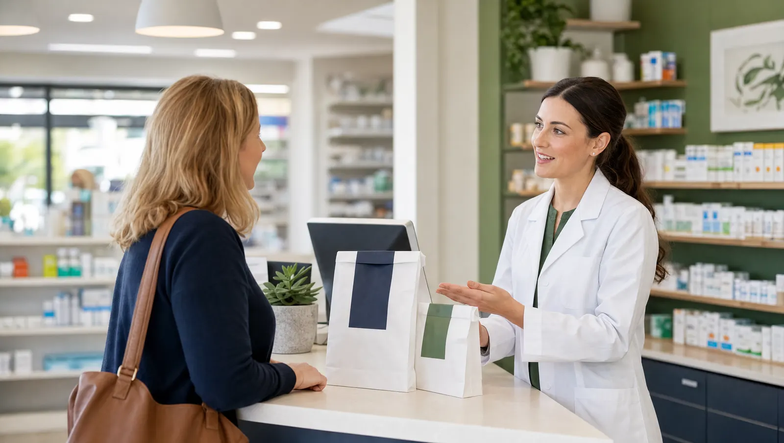 Community pharmacy counter with a pharmacist reviewing an enquiry.