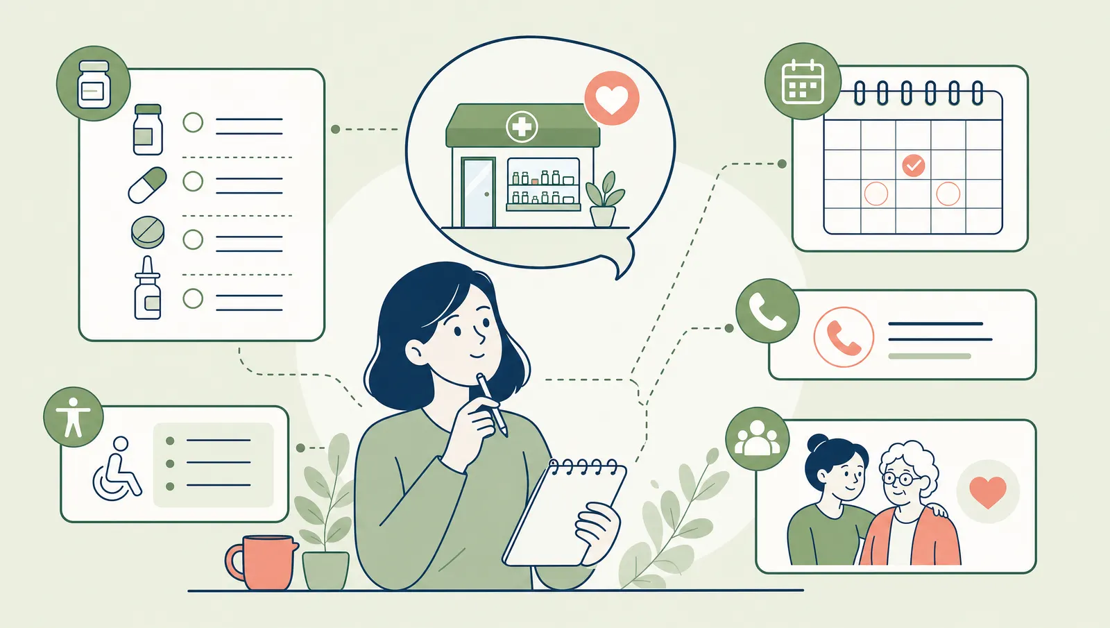 Pharmacy preparation illustration with medicine, calendar and contact icons.